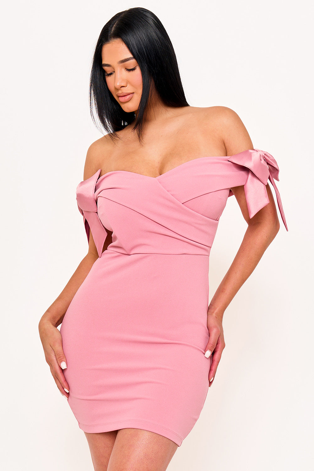 SD1766JP - SATIN BOW ON SLEEVE OFF THE SHOULDER MINI DRESS - Image 11