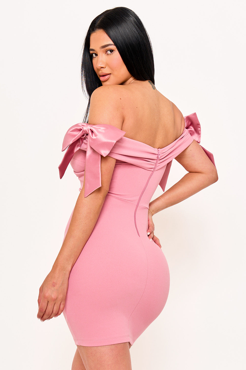 SD1766JP - SATIN BOW ON SLEEVE OFF THE SHOULDER MINI DRESS - Image 13