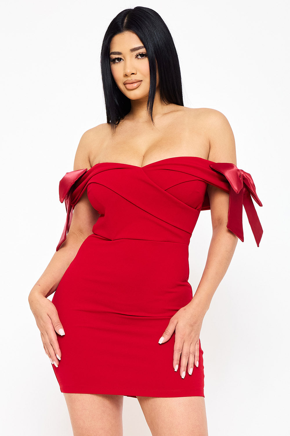 SD1766JP - SATIN BOW ON SLEEVE OFF THE SHOULDER MINI DRESS