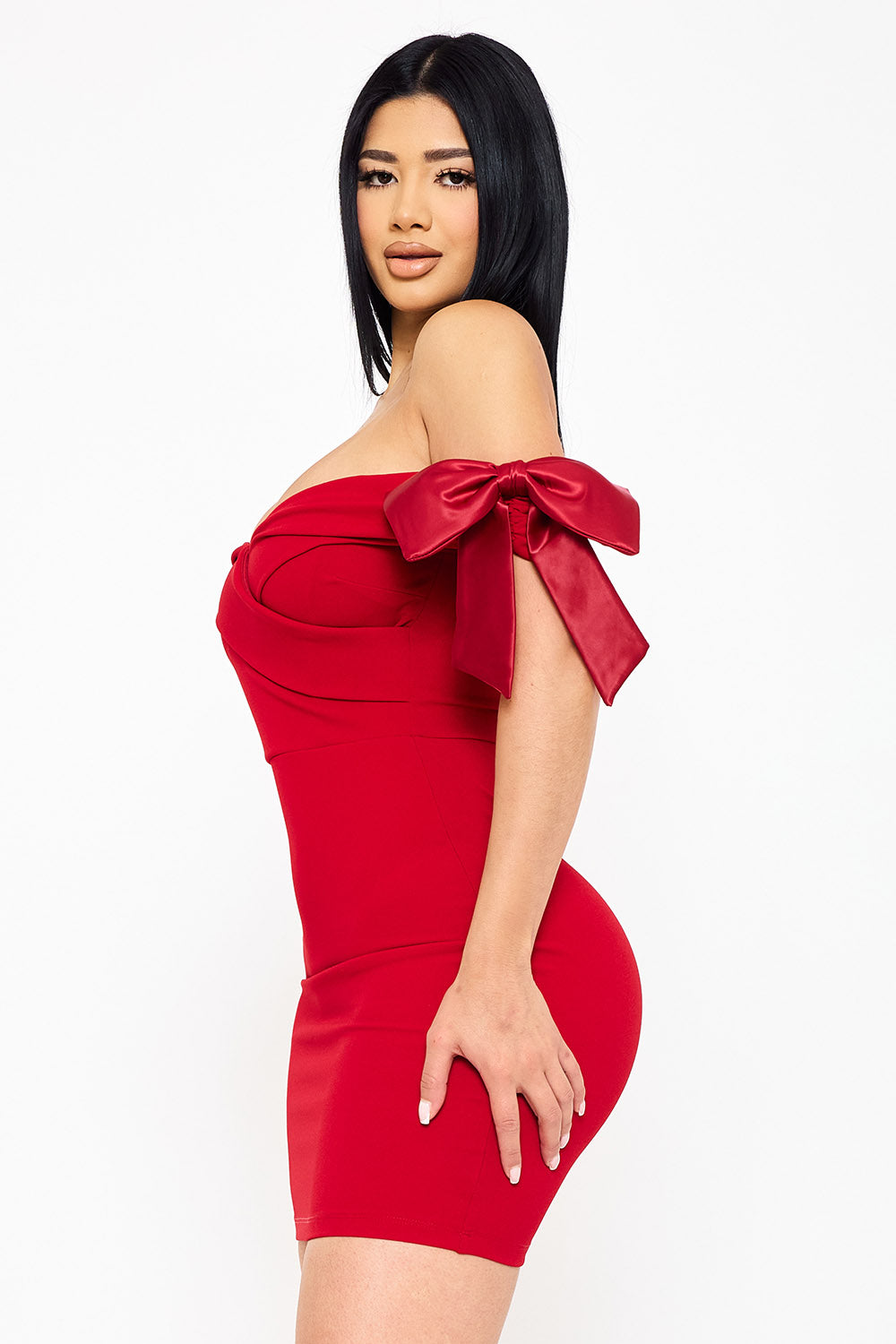 SD1766JP - SATIN BOW ON SLEEVE OFF THE SHOULDER MINI DRESS - Image 4