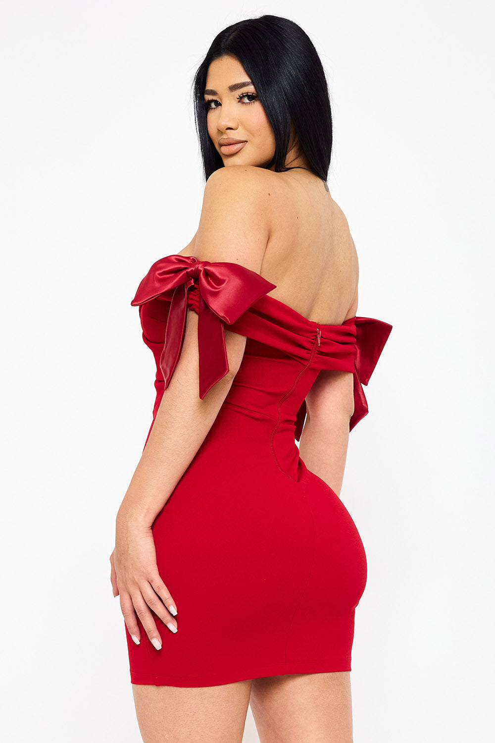 SD1766JP - SATIN BOW ON SLEEVE OFF THE SHOULDER MINI DRESS - Image 3