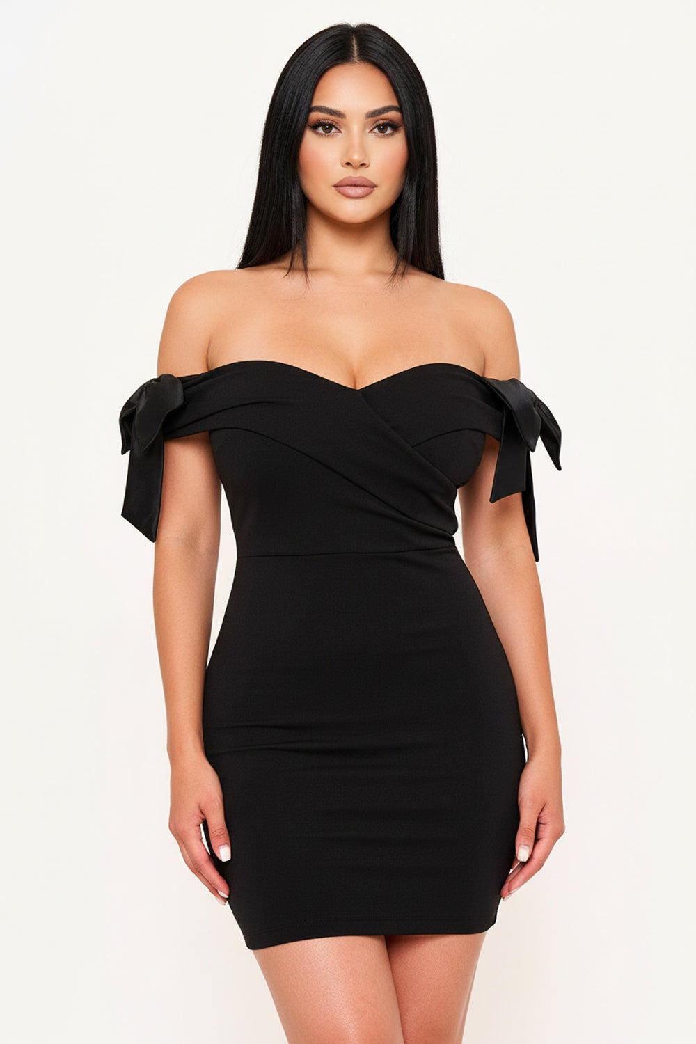 SD1766JP - SATIN BOW ON SLEEVE OFF THE SHOULDER MINI DRESS - Image 7