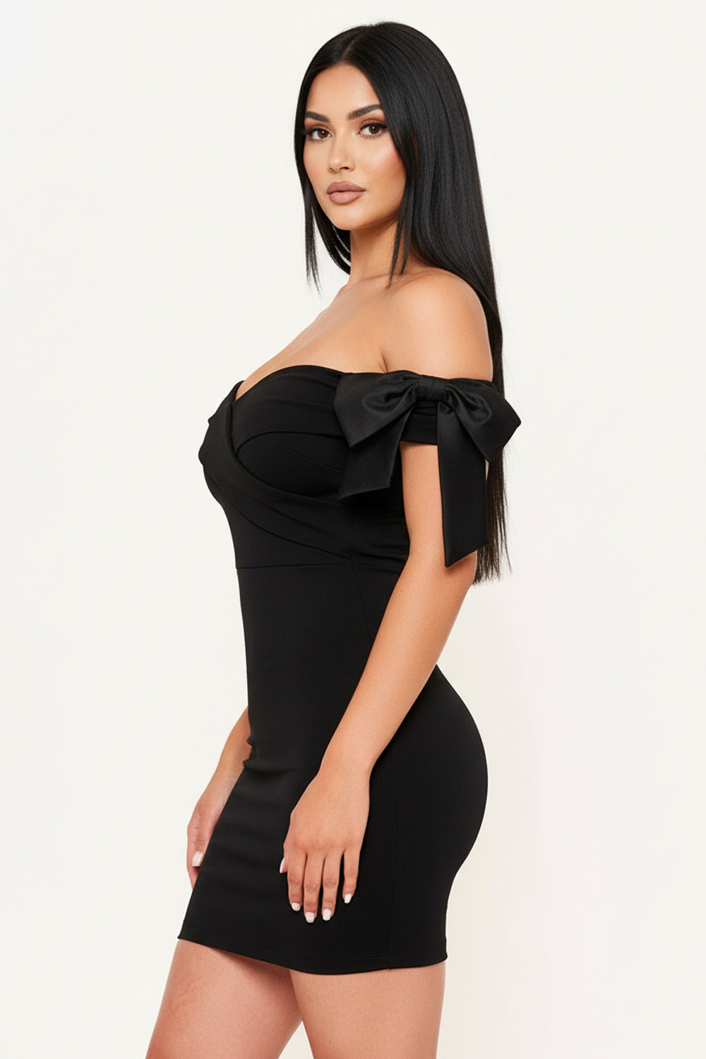 SD1766JP - SATIN BOW ON SLEEVE OFF THE SHOULDER MINI DRESS - Image 2