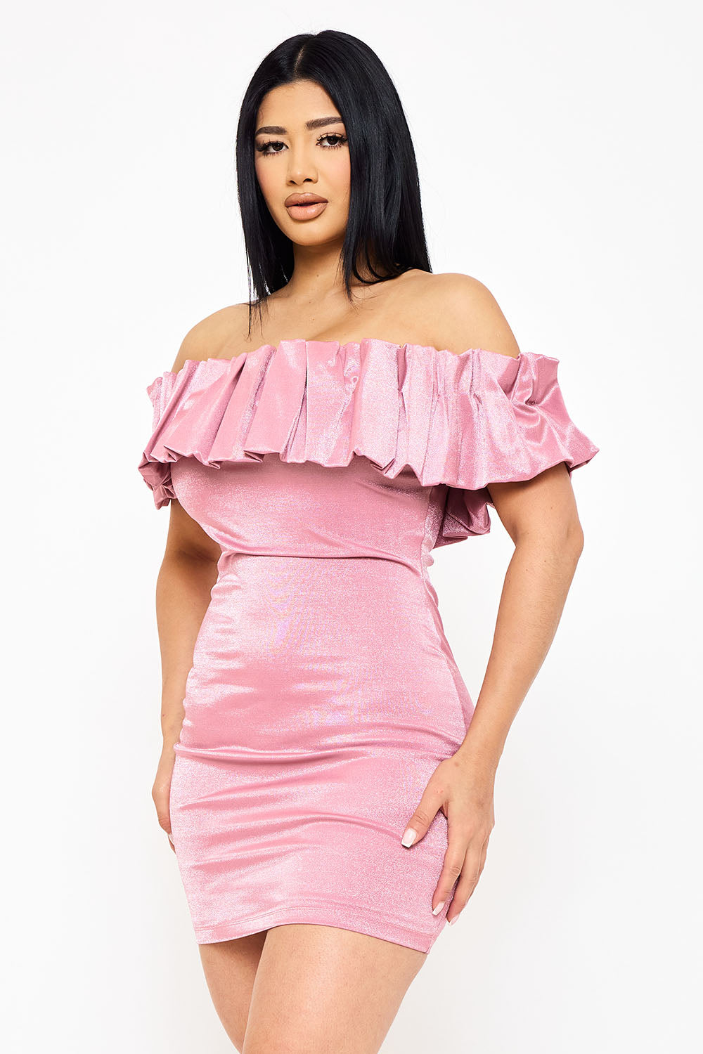 SD1815JP - RUFFLE METALLIC TRICOT OFF THE SHOULDER MINI DRESS - Image 7
