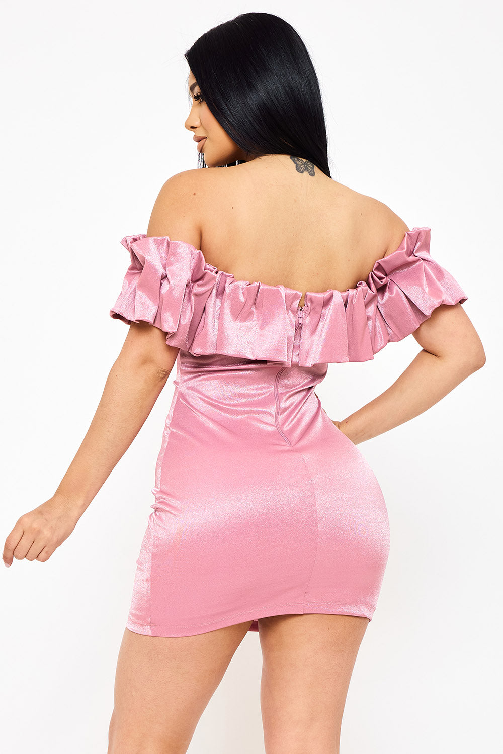 SD1815JP - RUFFLE METALLIC TRICOT OFF THE SHOULDER MINI DRESS - Image 9