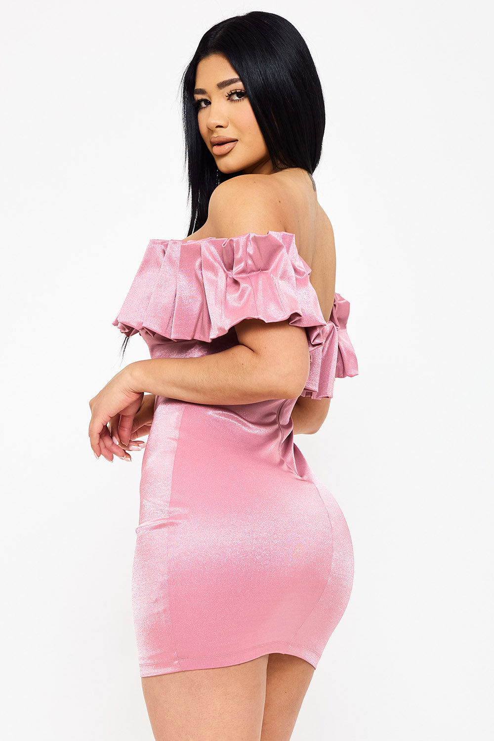 SD1815JP - RUFFLE METALLIC TRICOT OFF THE SHOULDER MINI DRESS - Image 8