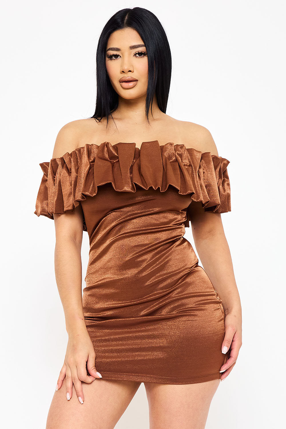 SD1815JP - RUFFLE METALLIC TRICOT OFF THE SHOULDER MINI DRESS - Image 12