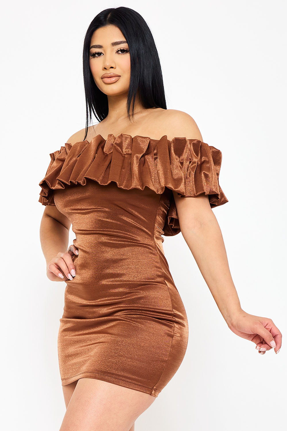 SD1815JP - RUFFLE METALLIC TRICOT OFF THE SHOULDER MINI DRESS - Image 14