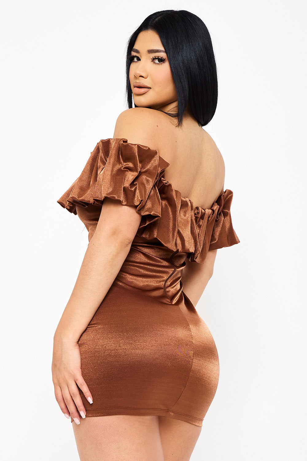 SD1815JP - RUFFLE METALLIC TRICOT OFF THE SHOULDER MINI DRESS - Image 13