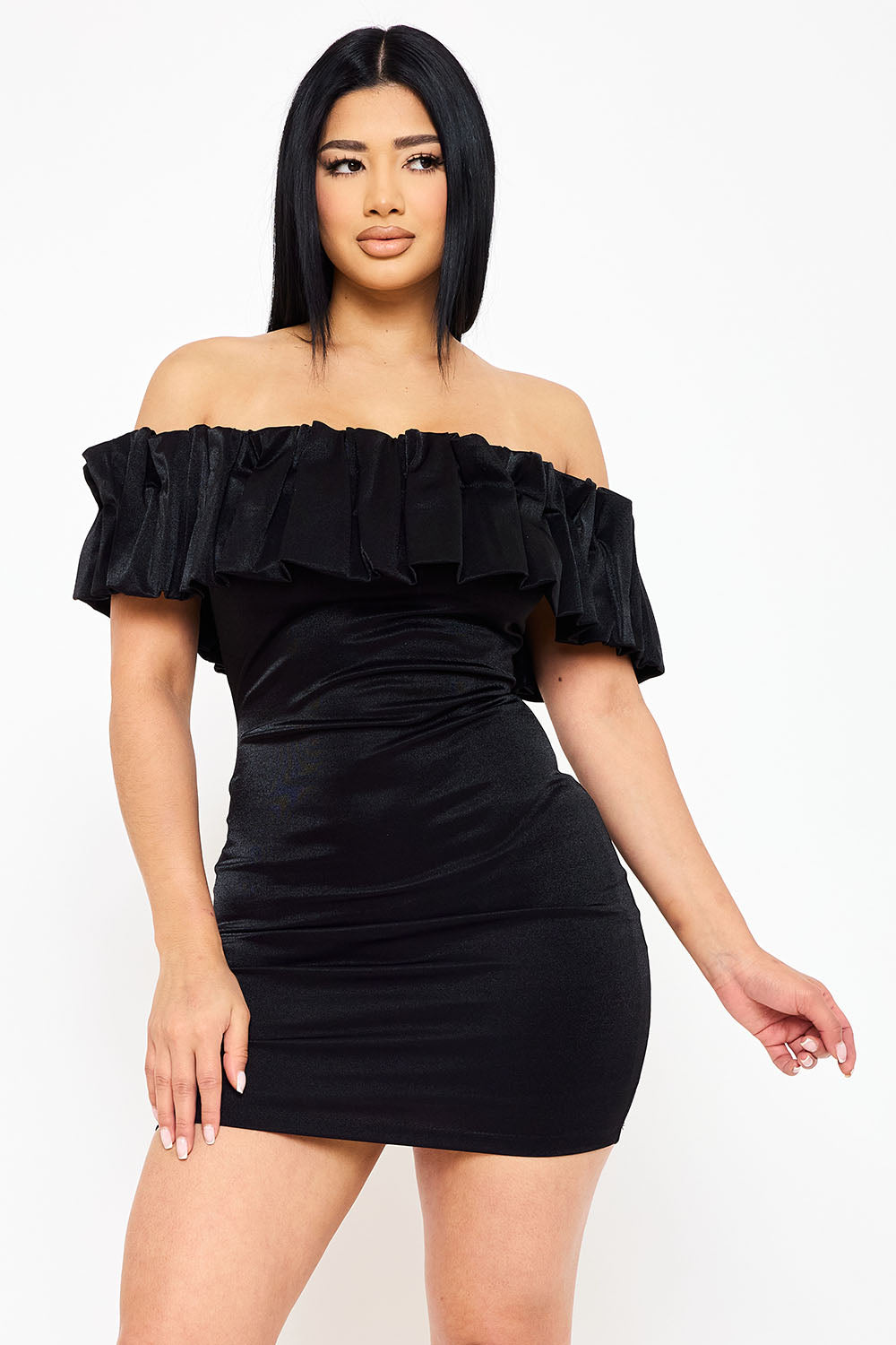 SD1815JP - RUFFLE METALLIC TRICOT OFF THE SHOULDER MINI DRESS