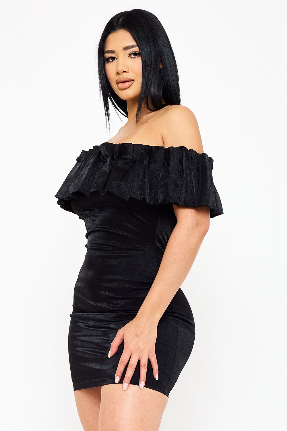 SD1815JP - RUFFLE METALLIC TRICOT OFF THE SHOULDER MINI DRESS - Image 3