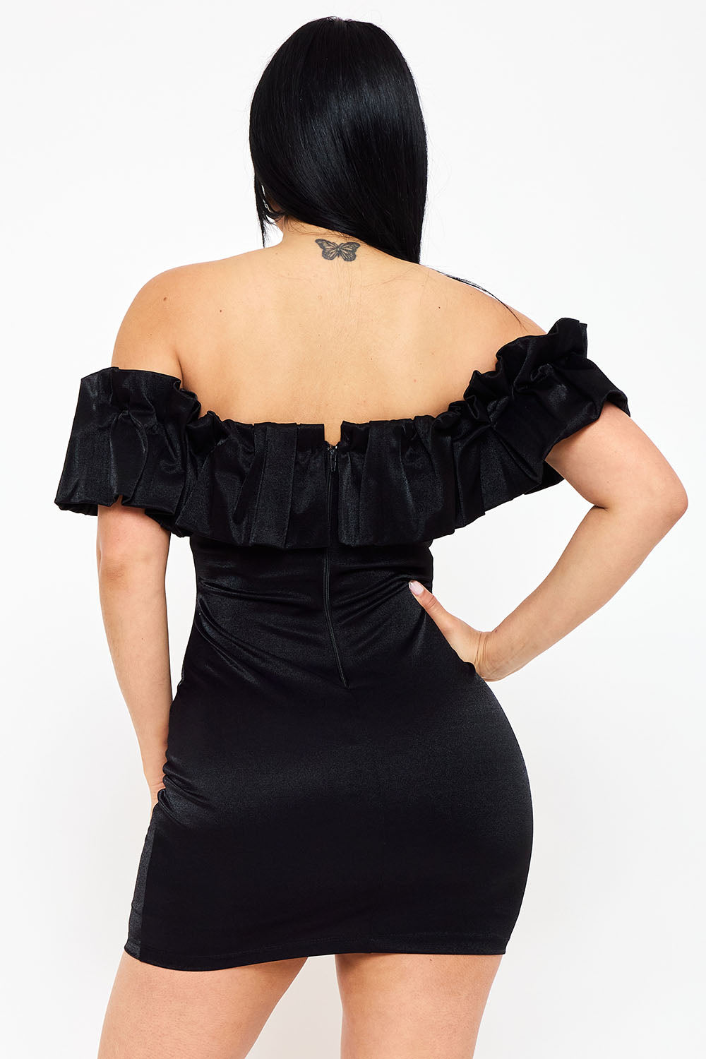 SD1815JP - RUFFLE METALLIC TRICOT OFF THE SHOULDER MINI DRESS - Image 4