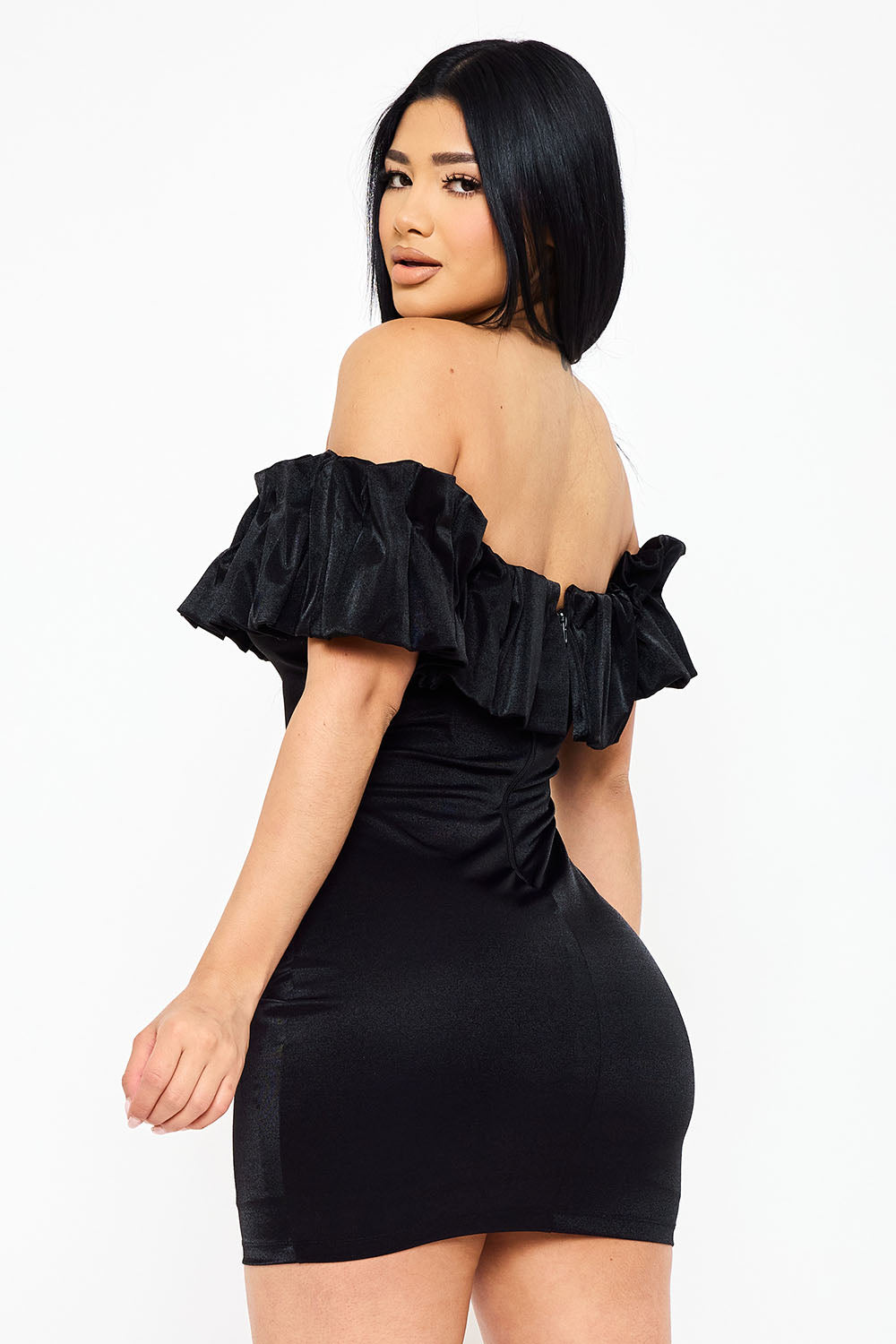 SD1815JP - RUFFLE METALLIC TRICOT OFF THE SHOULDER MINI DRESS - Image 2