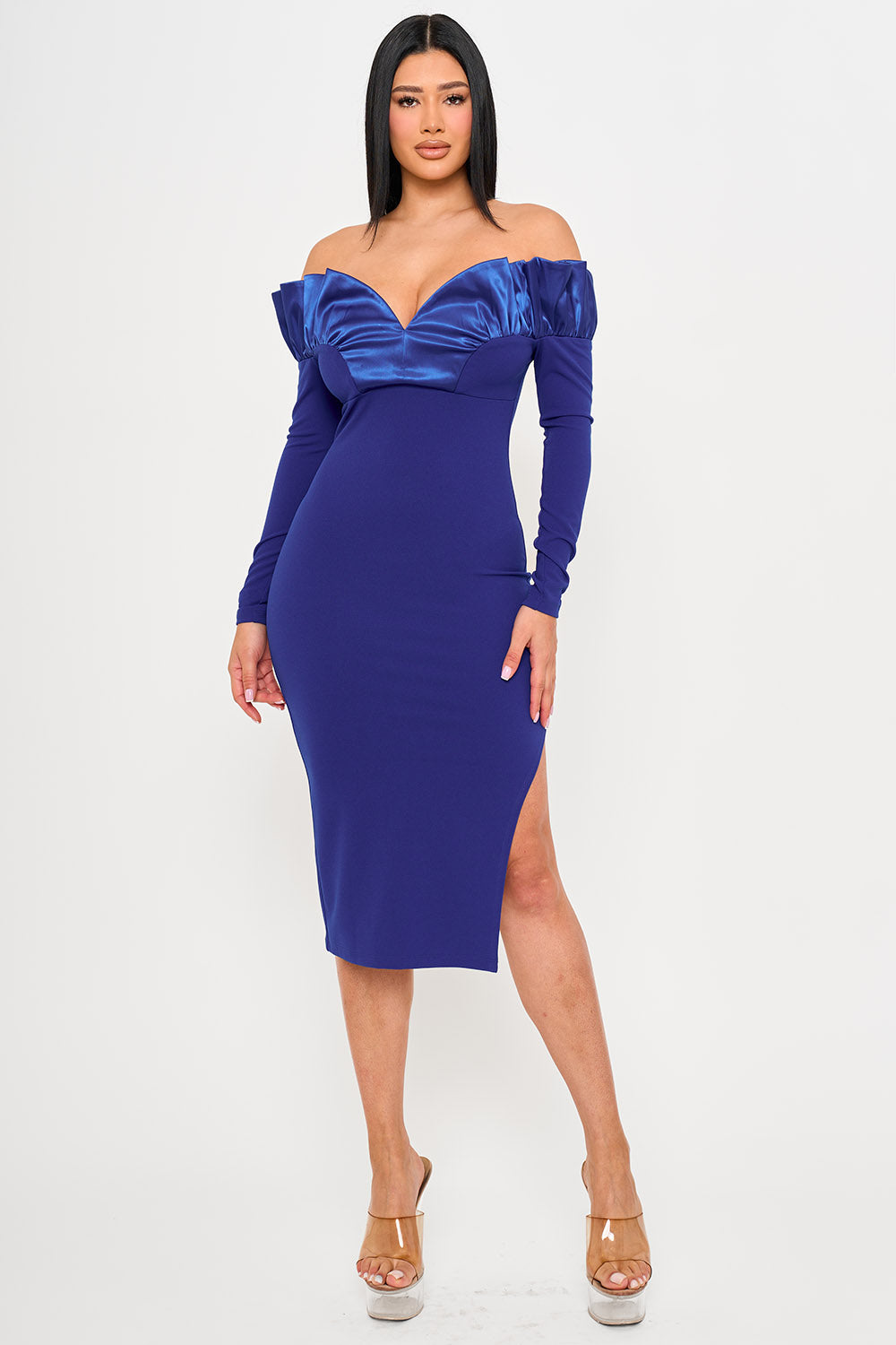 SD2132HP - OFF THE SHOULDER WITH SATIN RUFFLE TOP MIDI DRESS - Image 11