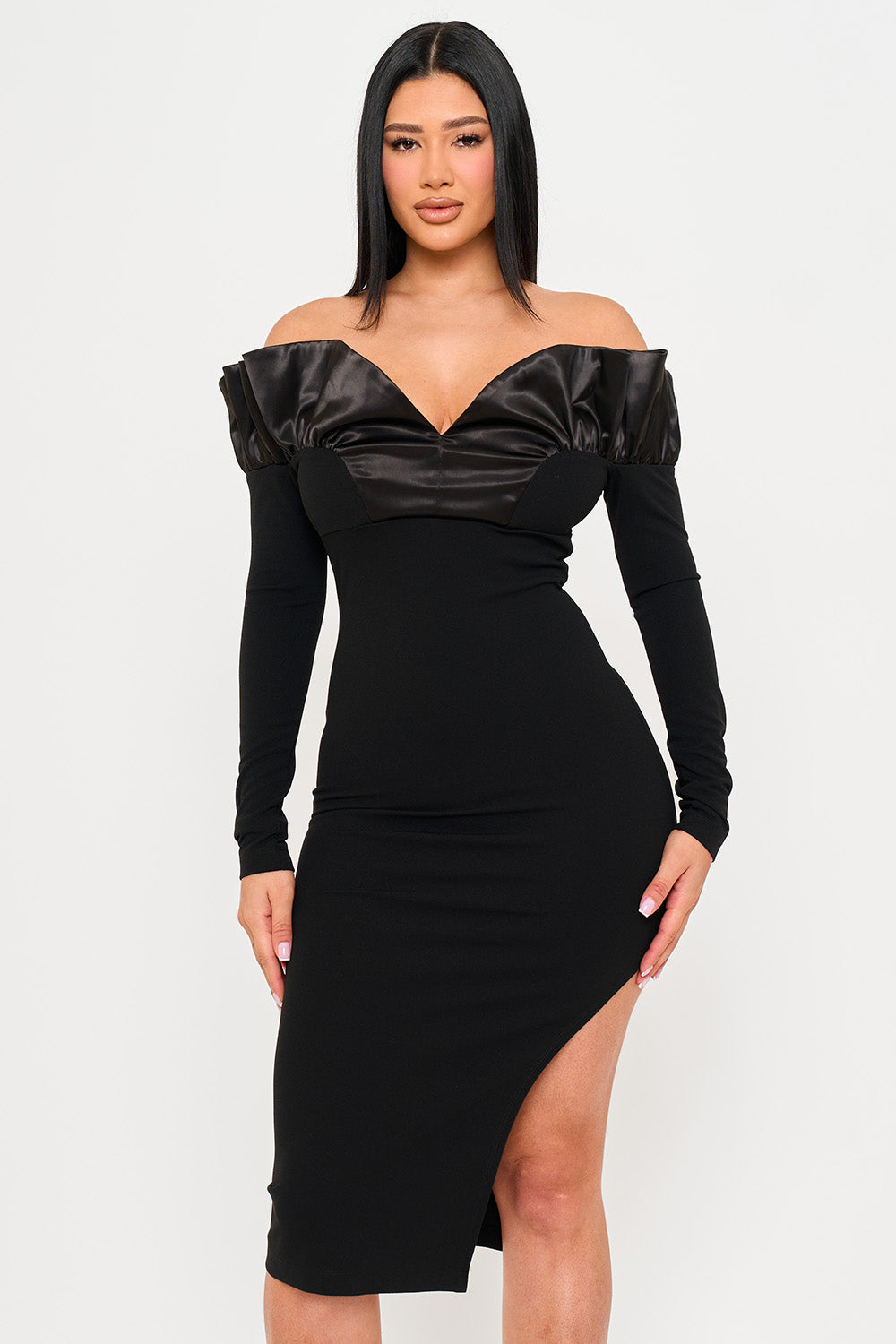 SD2132HP - OFF THE SHOULDER WITH SATIN RUFFLE TOP MIDI DRESS - Image 13