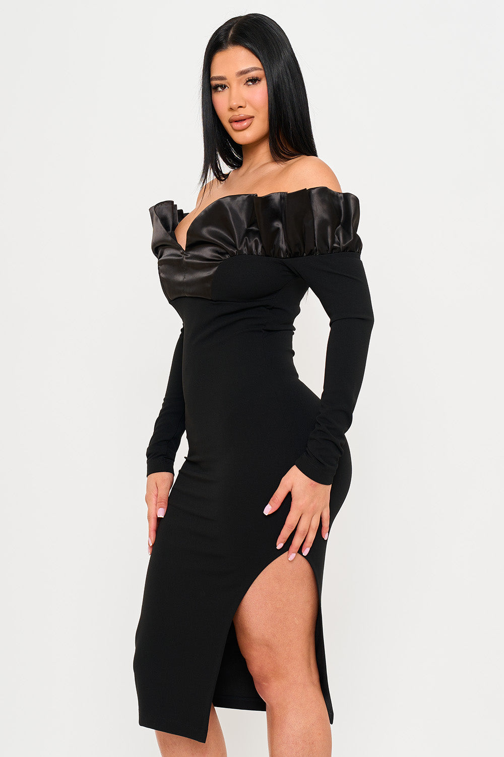 SD2132HP - OFF THE SHOULDER WITH SATIN RUFFLE TOP MIDI DRESS - Image 14