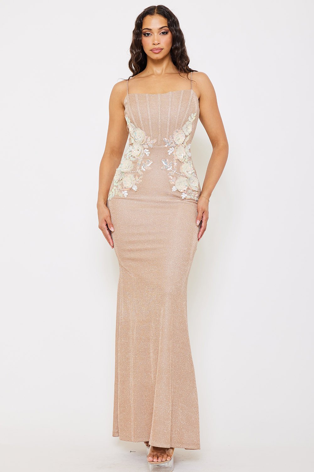 SDM1317SP - FLOWER EMBELLISHED SHINY MAXI DRESS - Image 9