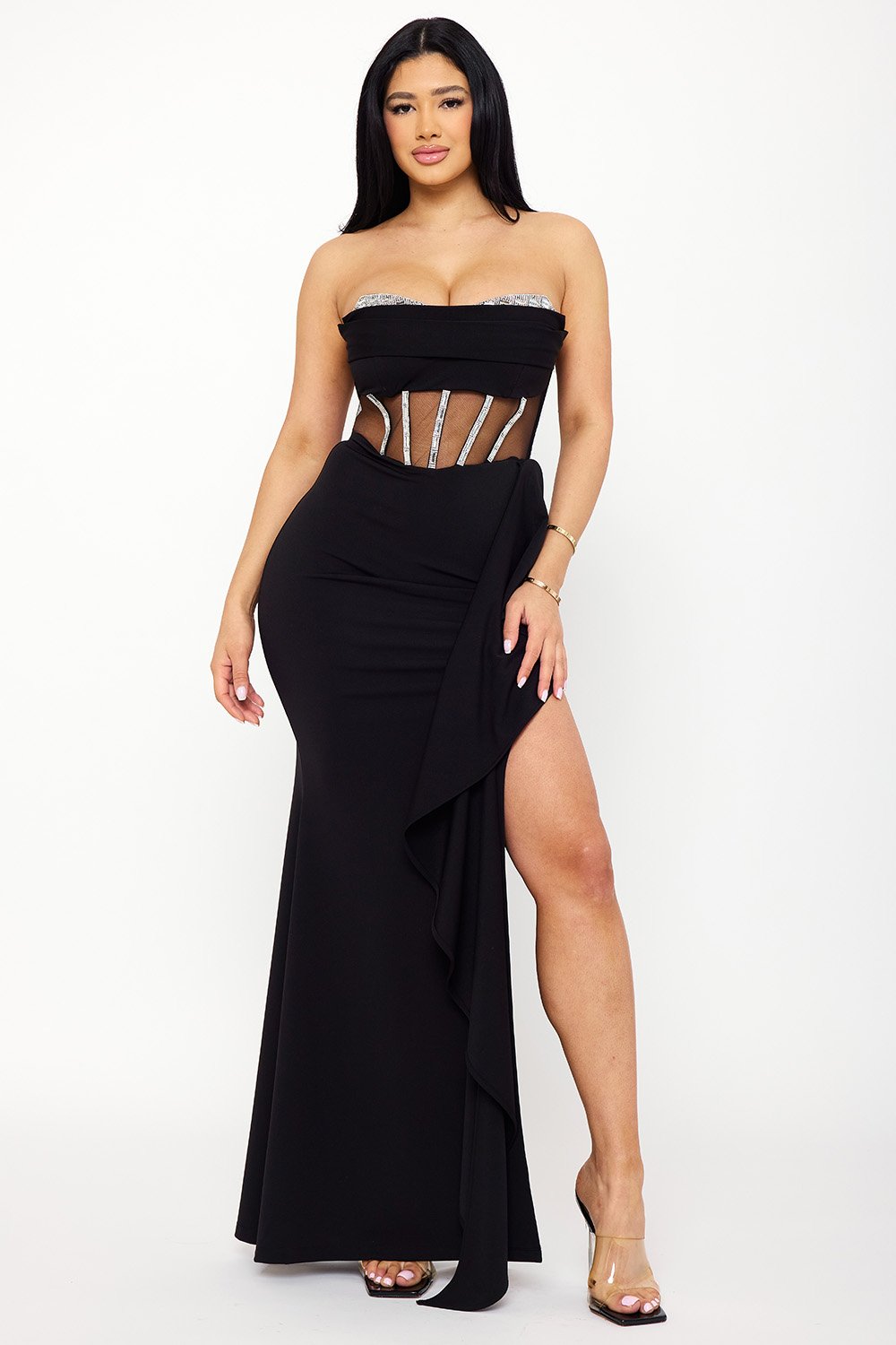 SDM1562JP - RHINESTONE BUST WITH CREZIA MAXI DRESS