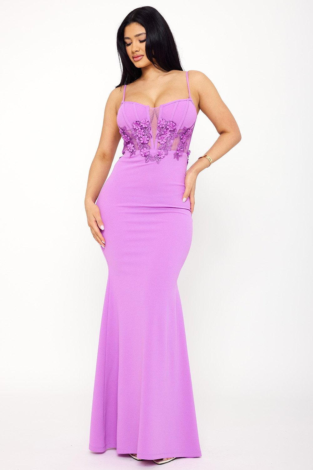 SDM1620JP - BEAD ON FLOWER OBLIQUE LACE ON BUST MAXI DRESS - Image 2