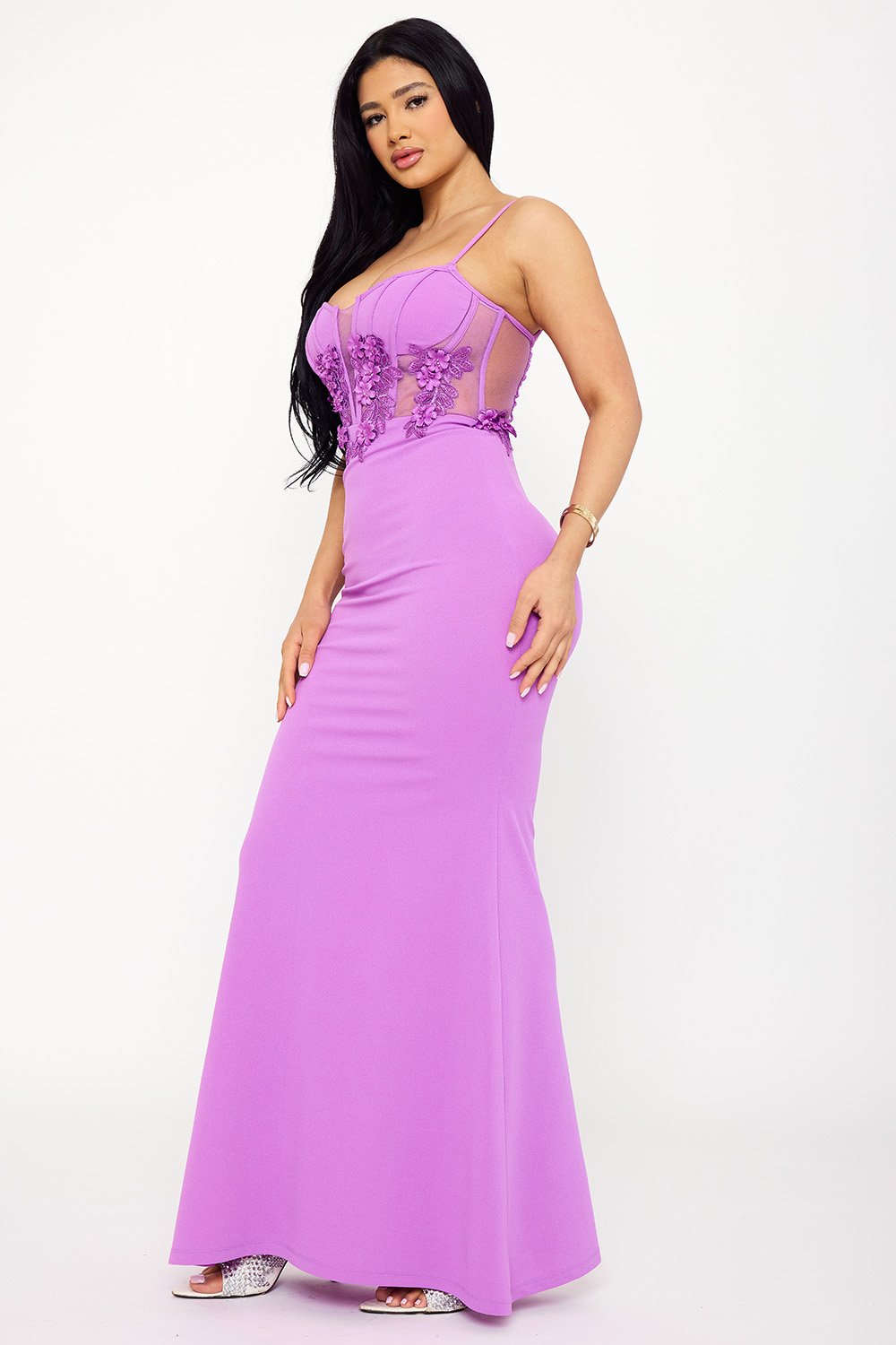 SDM1620JP - BEAD ON FLOWER OBLIQUE LACE ON BUST MAXI DRESS - Image 5