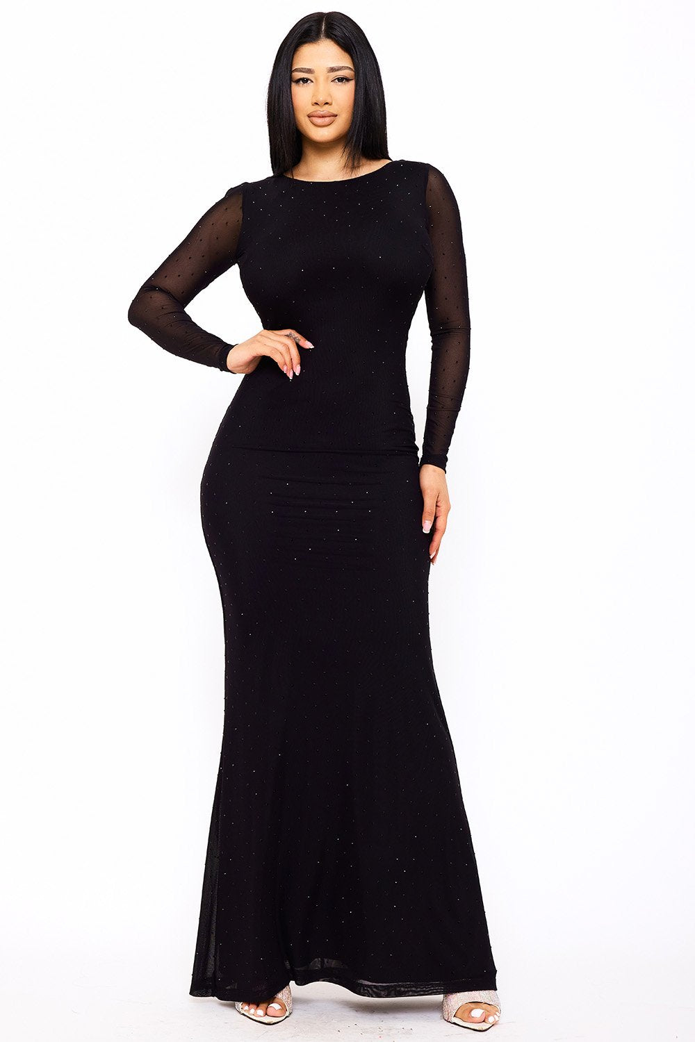 SDM1717AP - RHINESTONE ON POWER MESH OPEN BACK MAXI DRESS - Image 9