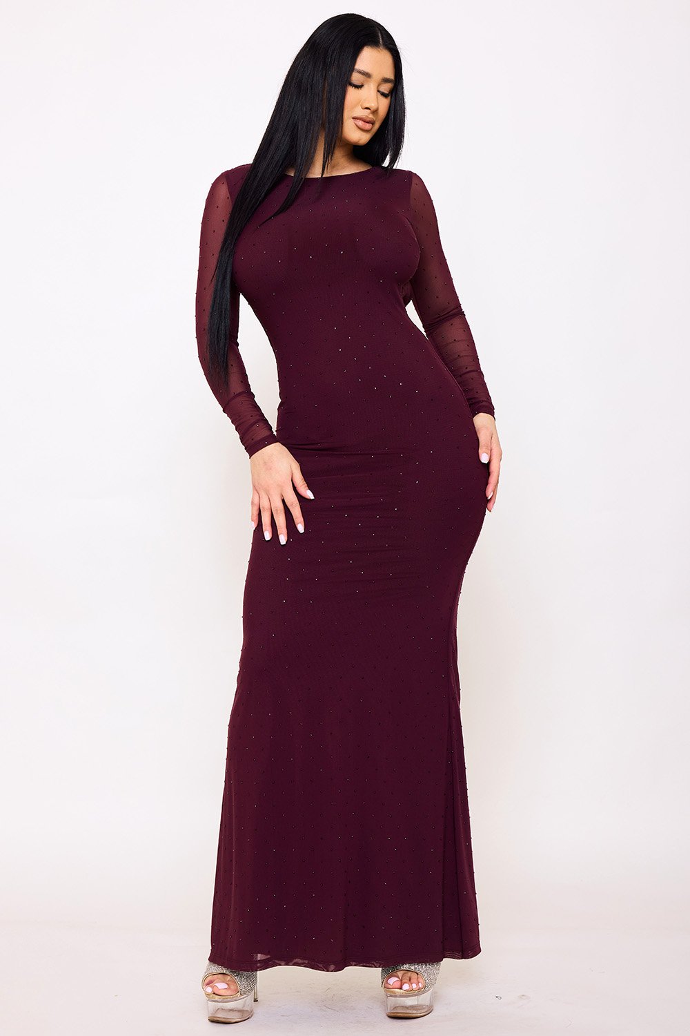 SDM1717AP - RHINESTONE ON POWER MESH OPEN BACK MAXI DRESS