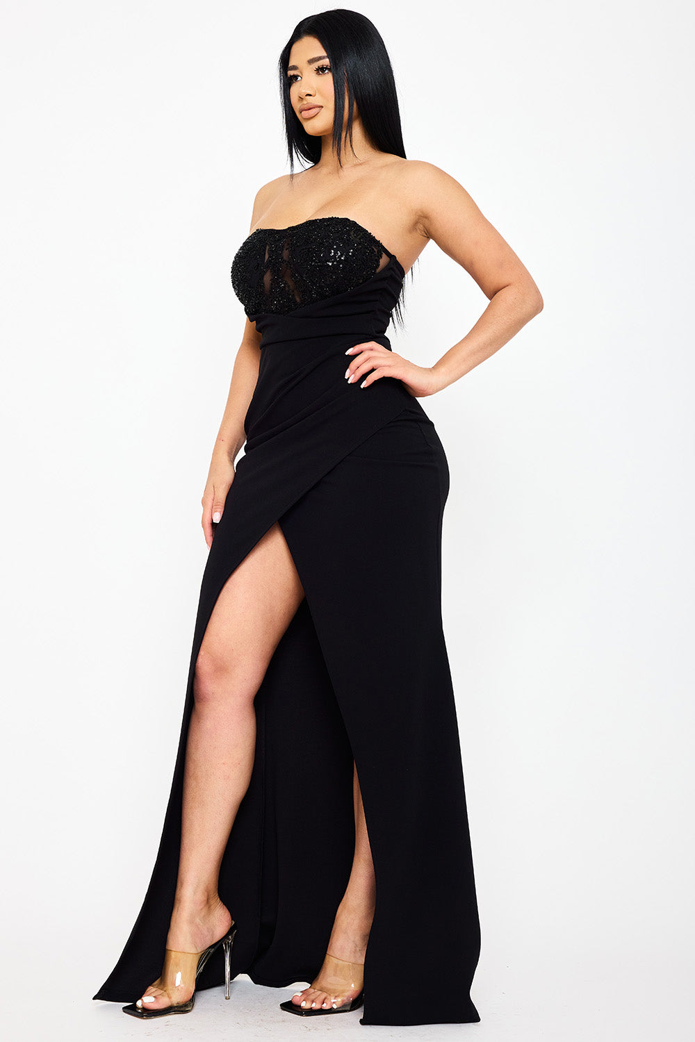 SDM1788JP - BEADED AND SEQUIN DETAIL ON MESH BUST MAXI DRESS - Image 8